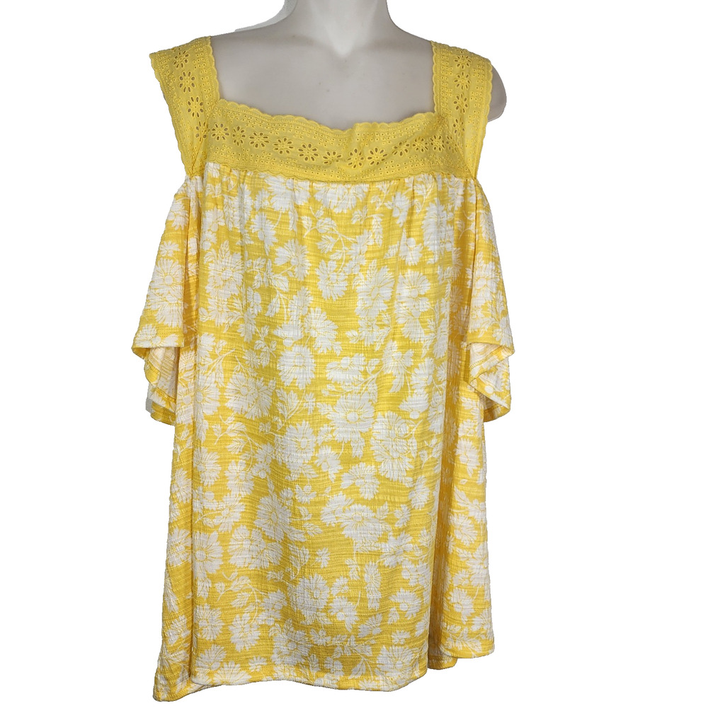 Lauren Conrad Top Women Size 3X Square Neck Lace Trim Short Cold Shoulder Yellow